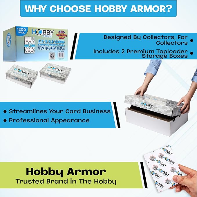 1200 Pack Trading Card Shipping Protector by Hobby Armor, 3.5" x 4.5" with Rounded Corners, Vibrant Multi-Color Card Protectors to Guard Cards From Dings, Bulk Breaker Box, Includes Dual Storage Boxes
