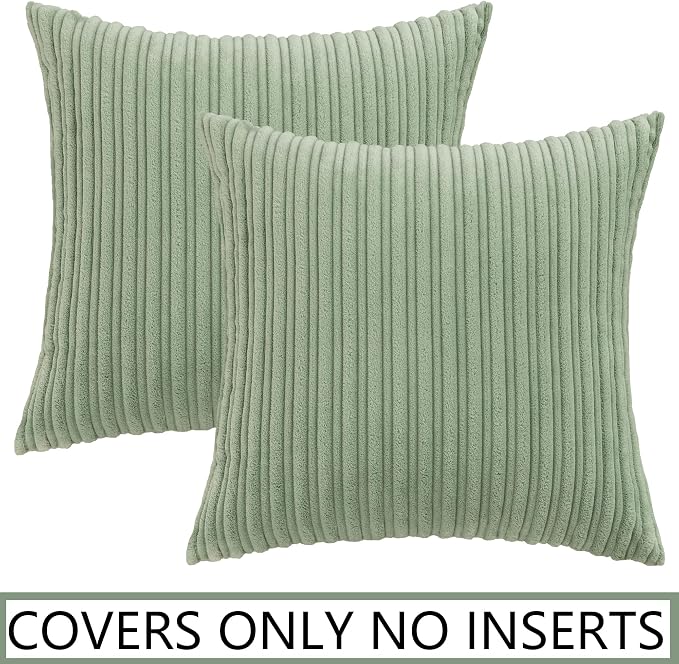 UGASA 18x18 Inch Soft Throw Pillow Cover Corduroy Striped Solid Square Cushion Case Boho Farmhouse for Couch Bedroom Sofa Home, 1 Piece, Sage Green