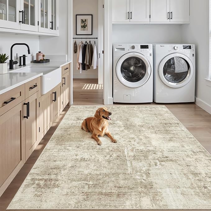 Soalmost Abstract 4x6 Area Rug Washable Rugs for Living Room, Beige/Gray | Vintage Non-Slip Carpet for Dining Bedroom, Thin Low Pile Stain Resistant Floor Mat Nursery Under Table Home Office Decor