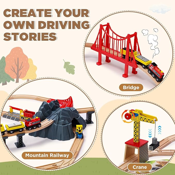 SainSmart Jr. 112PCS Wooden Train Set - Construction Theme Toy Train for Toddler, Train Tracks Compatible with All Major Brands, Ideal Railway Playset for Boys and Girls Idea