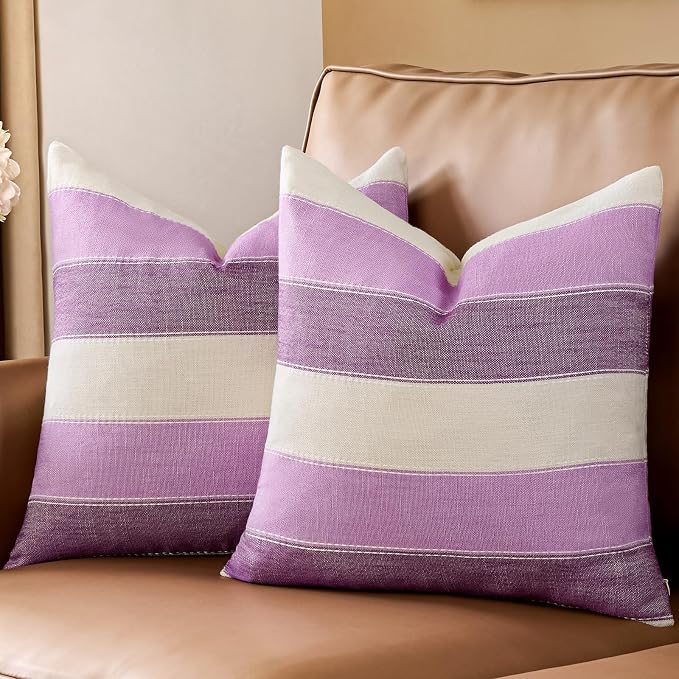 Pack of 2 Farmhouse Stripe Check Throw Pillow Covers Set Case Cotton Linen Decorative Pillowcases Cushion Cover for Couch Bench Sofa 18x18 Inch Purple