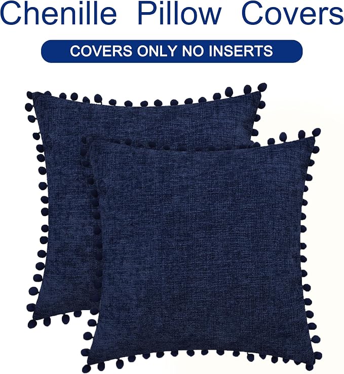 CaliTime Decorative Couch Throw Pillow Covers 18 X 18 Inches Navy Blue | Pack of 2, Cozy Chenille Cushion Cases, with Pom Poms for Sofa Bed Living Room Farmhouse Home