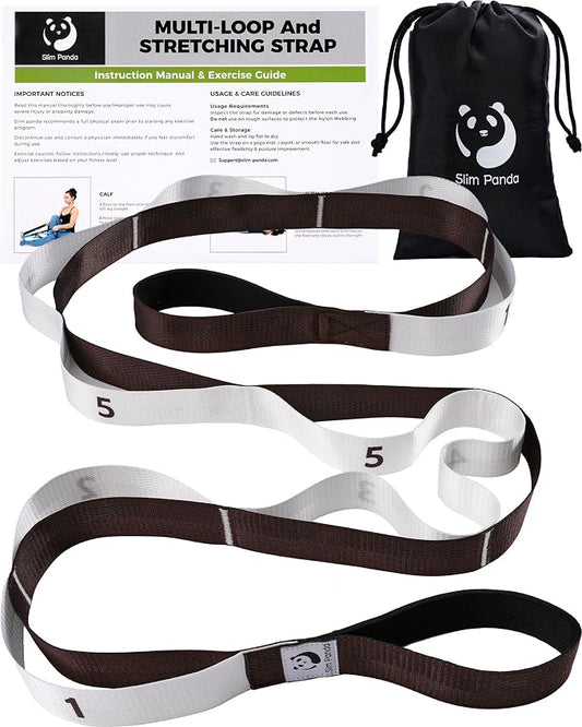 Slim Panda Stretching Strap with Loops - Non-Elastic Heavy Duty Nylon Yoga & PT - Oversized Multi-Loop Home Rehab - Hamstring Shoulder Pilates Flexibility