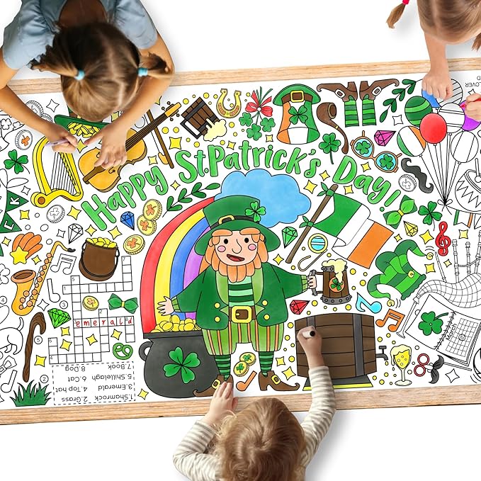 St. Patrick's Day Coloring Poster for Classroom Wall - Versatile 31.5 x 72 Inches irish themed Activity Poster/Table Cover, School Parties, St. Patrick's Day Party Decoration