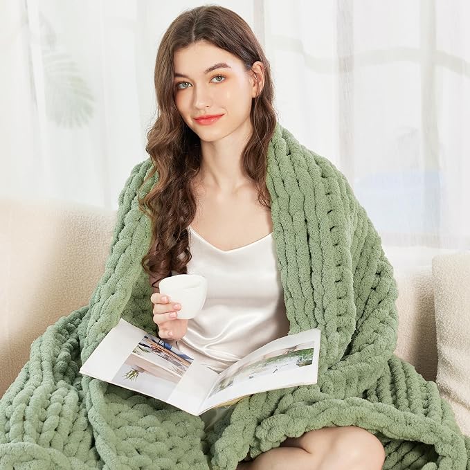 Chunky Knit Blanket Throw for Couch, 60"x80" Chunky Yarn Knitted Blankets | 100% Hand Knit Thick Chenille, Soft Breathable for Bed, Sofa, Home Decor, Cozy Gifts for Women Friends, Sage Green