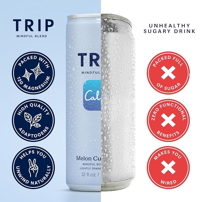 TRIP Lightly Sparkling Adaptogen Drink, Non Alcoholic Drink with Magnesium, Ashwagandha, Lions Mane & L Theanine, No Added Sugar Mocktail, Vegan, Melon Cucumber, 12 Oz, 12Pk