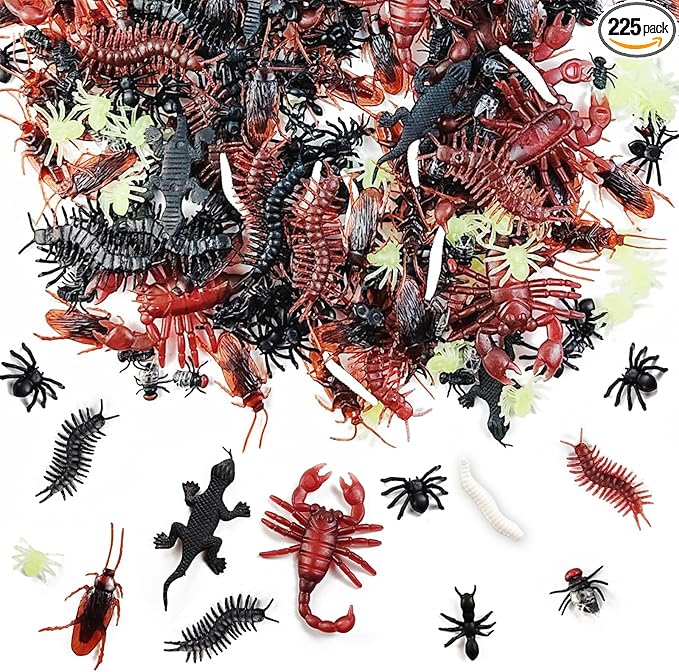TIHOOD 225PCS Realistic Fake Bug Trick Joke Toys Cockroaches Spiders Centipedes Scorpions Worms Ants Flies Gecko for Halloween Party Fool's Day Decoration