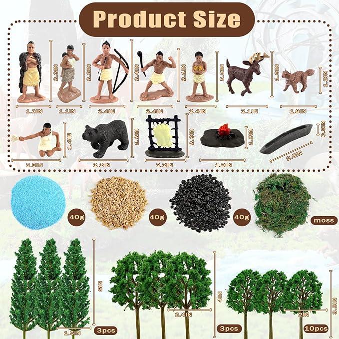 Native American Figurines Set Miniture Indian Figure Toys Indian Figurines for Kids Powhatan Indians Figures Playset Includes Camp Fire Deer Bear Fox Trees for Birthday Diorama School Projects 32 Pcs