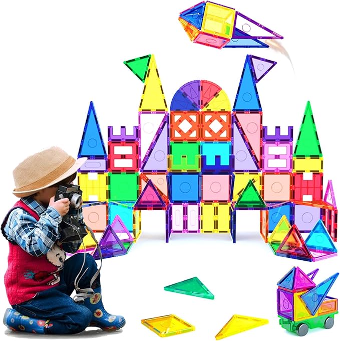 110 pc Magnetic Tiles with Car Set, Building Blocks Toys STEAM Educational Learning Magnet Toy Preschool Montessori Boys & Girls Smart Creative Kit Games Gifts for Age 3+ Kids Toddlers