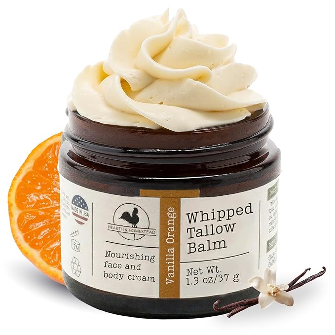 Hearth and Homestead: Handmade Whipped Tallow Balm (Vanilla Orange) - Organic Body Butter with Infused Olive Oil, for Eczema, Rosacea, Baby - 1.3 oz