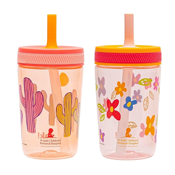 Zak Designs St. Jude Kelso Toddler Tumblers For Travel or At Home, 15oz 2-Pack Durable Plastic Sippy Cups With Leak-Proof Design is Perfect For Kids (Floral and Cactus)