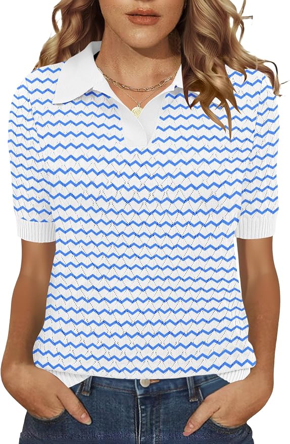 Rapbin Womens Short Sleeve Knit Polo Shirts Summer Spring Sweater Tops | Classic V Neck Collared Shirts Lightweight Business Casual Basic Fashion Pullover Polo Sweater for Work Formal Daily Wear