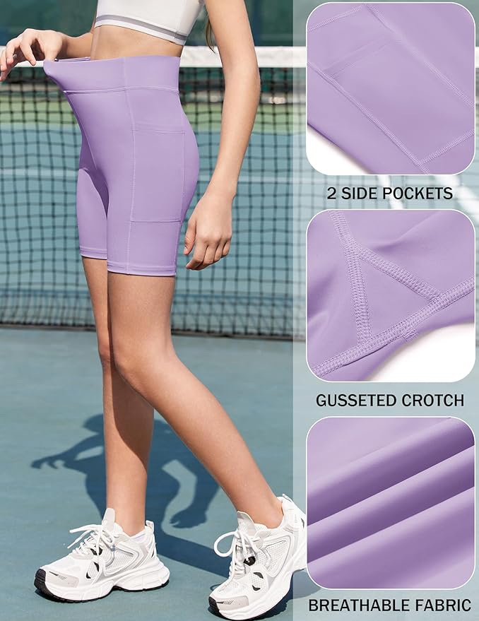 Zaclotre Girls Bike Shorts with Pockets Kids 5" High Waisted Yoga Workout Athletic Running Volleyball Spandex Shorts