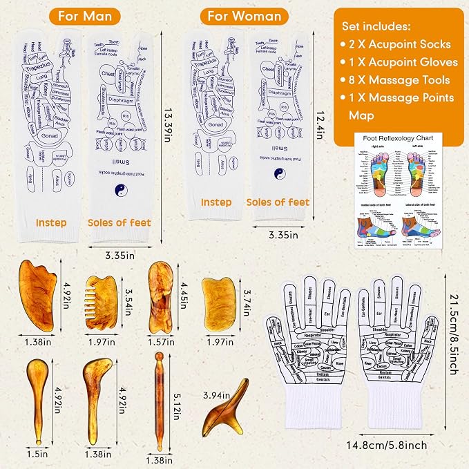Threlaco 16 Pcs Reflexology Socks and Gloves with Tools Foot Reflexology Socks with Acupressure Gloves & 8 Pcs Massage Point Tools Foot Relief Acupressure Massager Set for Women and Men(Amber)