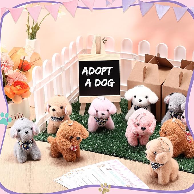 84 Pcs Adopt a Pet Party Favors 24 Mini Plush Stuffed Animals 10 White Plastic Fence 24 Paper Gift Boxes 24 Adoption Cards with Mini Chalkboard and Artificial Lawn(Dog)