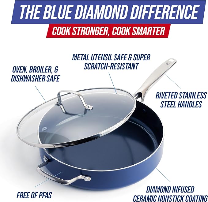 Blue Diamond 5QT Diamond Infused Ceramic Nonstick Sauté Pan with Lid, Blue | PFAS-Free Ceramic Nonstick Jumbo Cooker Skillet, Dishwasher & Oven Safe, Durable Metal Utensil Safe, Soups, Glass Lid