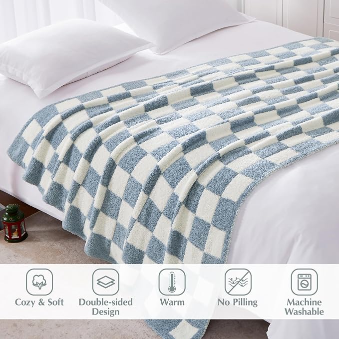 Soft Checkered Throw Blanket for Couch-Cozy Warm Knitted Blankets | Lightweight Warm Fluffy Decor for Women, Mom, Her & Girls, Sofa, Chair, Bed, 50x70in, Grey Blue