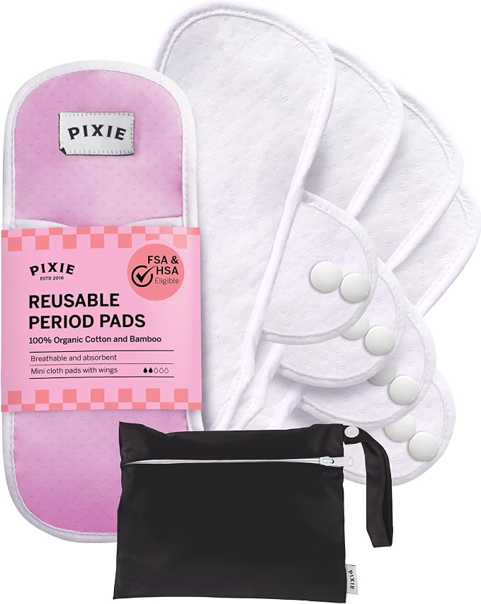 Pixie Cotton Cloth Pads for Feminine Care - 100% Organic Reusable Pads - Ranked 1 for Softest Menstrual Sanitary Napkins - Machine Washable & Includes Free Wet Bag - Menstrual Liner (Mini)