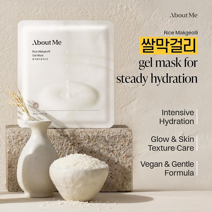 About Me Korean Rice Hydrogel Face Mask, Real Rice + Makgeolli, 5 Sheets | 13,000 ppm rice powder + galactomyces + niacinamide; non-drip 30-minute jelly fit; vegan, fragrance-free; glass-skin glow