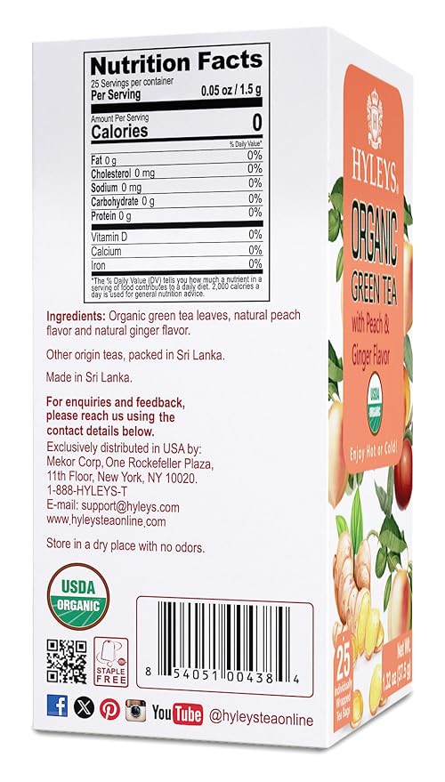 Hyleys Organic Green Tea Peach and Ginger Flavor - 25 Tea Bags (Pack of 2)
