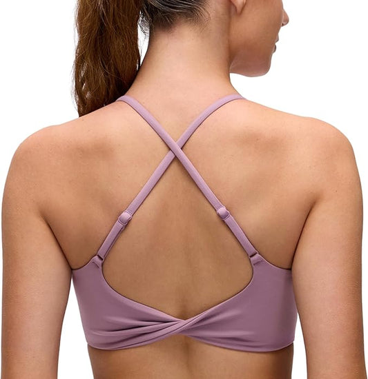 CRZ YOGA Butterluxe Twist Cross Back Sports Bras for Women - U Neck Padded Adjustable Spaghetti Straps Yoga Top