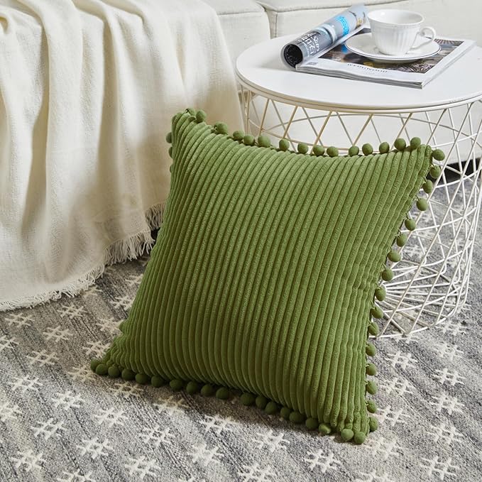 Fancy Homi 2 Packs Moss Green Decorative Throw Pillow Covers 16x16 Inch with Pom poms, Boho Farmhouse Home Decor, Soft Corduroy Accent Square Cushion Case for Living Room Couch Bed Sofa 40x40 cm