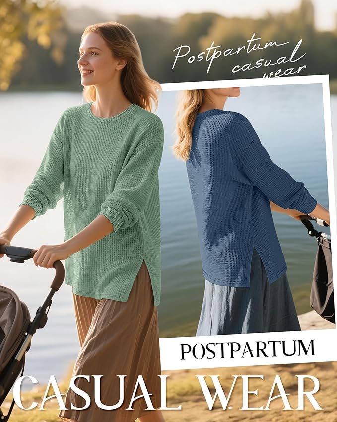 3 Pack Women's Maternity Shirts Long Sleeve Waffle Knit Side Split Oversized Tops Pregnancy Clothes Fall Tees