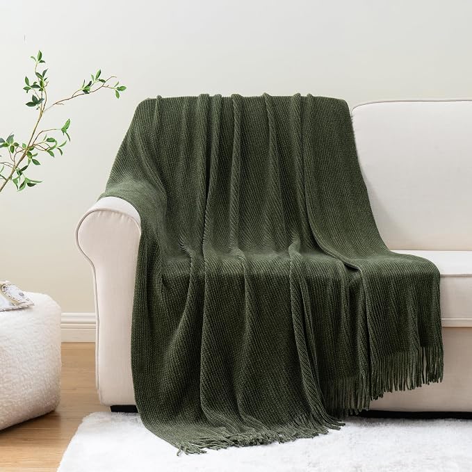 BATTILO HOME Olive Green Throw Blanket for Couch, 50"x60" | Soft Chenille Knit Throw Blanket with Tassels for Home Decor, Dark Green Throw for Couch Cover