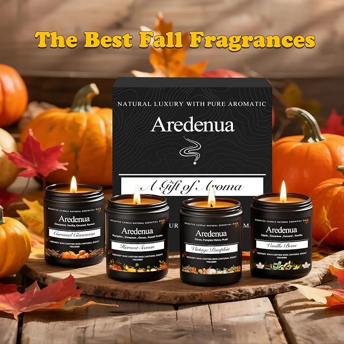 Fall Candles Set – 4pack Autumn Candle Scent of Cinnamon, Vanilla Bean, Harvest Season & Pumpkin - Seasonal Holiday Candles Gift, 28oz Soy Candle for Halloween Home Décor & Cozy Gifting