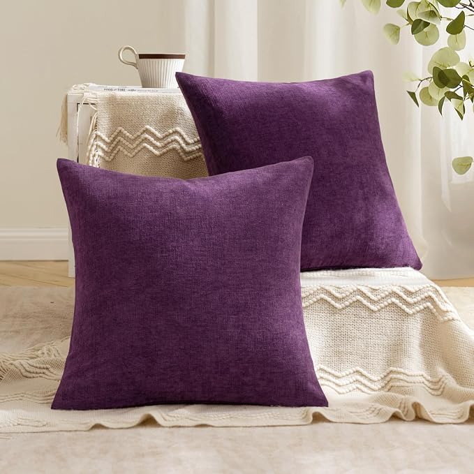 MIULEE Plum Purple Chenille Couch Throw Pillow Covers, 18x18 | Set of 2, Soft Farmhouse Modern Home Decor, Decorative Pillowcases for Sofa Living Room Bed