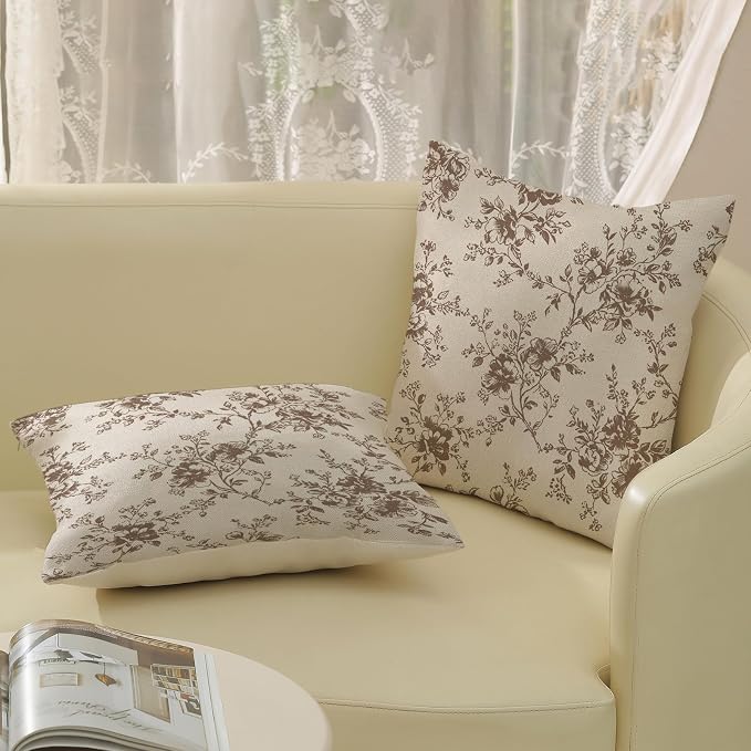 Brown and Cream Flower Pillow Covers 18x18 Set of 2 Chinoiserie Floral Decorative Throw Pillows Vintage Toile Flower Pillowcase Linen Outdoor Farmhouse Cushion Cover for Couch Sofa Decor