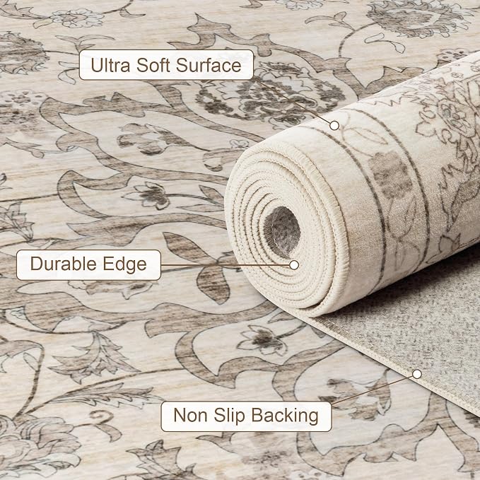 Round Area Rug for Living Room: 6ft Washable Vintage Boho Soft Thin Circle Rug Indoor Floor No Slip Stain Resistant Carpet for Bedroom Dining Room Farmhouse Nursery Home Office - Brown Beige