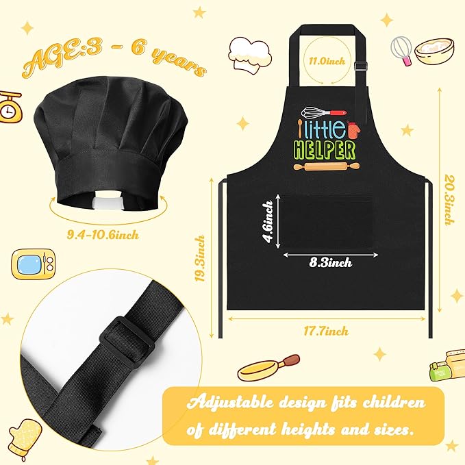 R HORSE 2Pcs Kid Apron and Chef Hat Set Adjustable Children Black Kitchen Apron Dress up Role Play Chef Toy Cooking Baking Painting and Training Kits Kid Funny Cooking Gift Birthday Gift for Kids