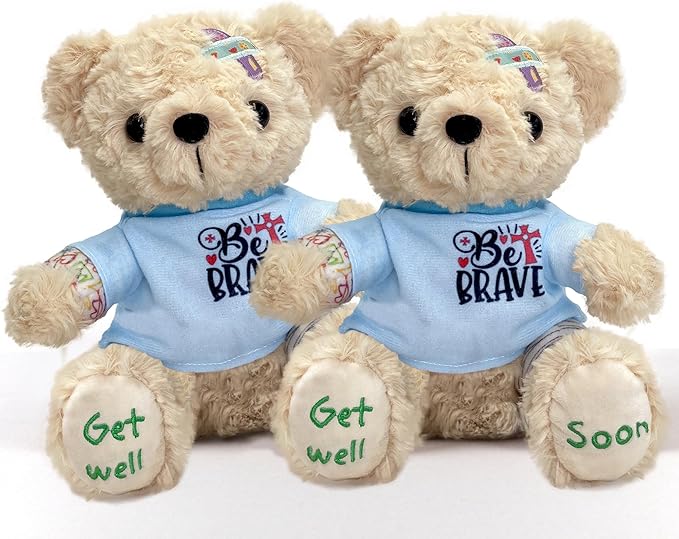 Get Well Soon Bear 2-Pack, 8" Plush Stuffed Animals with Broken Arm & Leg Cast, Cute Surgery Recovery Gifts for Kids, Boys, Girls, Toddlers - Be Brave Outfit & Get Well Soon Embroidery, Gift Ready