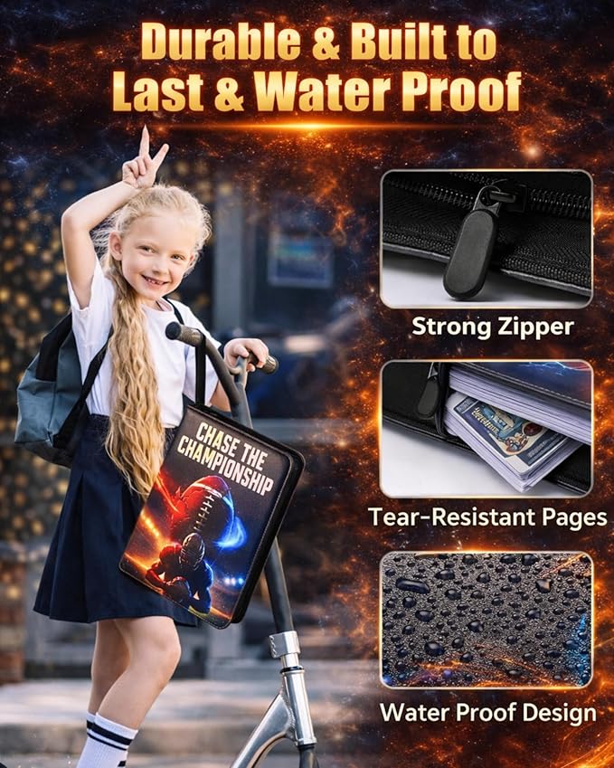 Football Card Binder 9 Pocket with Zipper Holds 1080 Cards, Water-Resistant PU Leather Side-Loading Football Binder for Trading Cards, Acid-Free Archival Pages Football Cards Book for NFL Trading Card