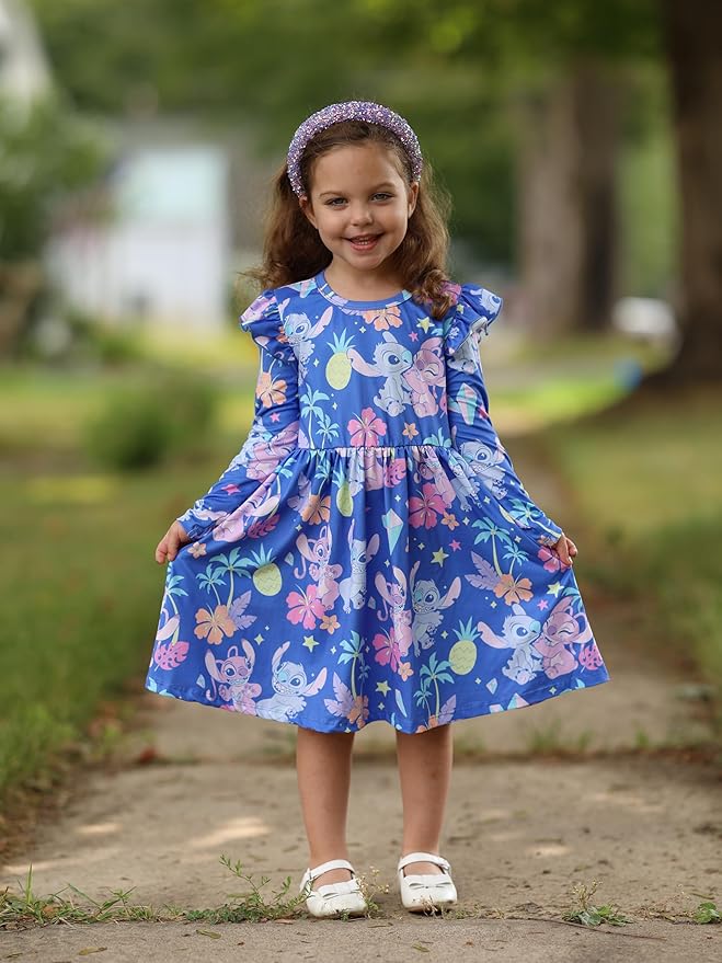 Disney Frozen Elsa Stitch Princess Minnie Mouse Toddler Girl Dresses 2 Pack Ruffle Long Sleeve Dress Set (3 Months - 6 Years)