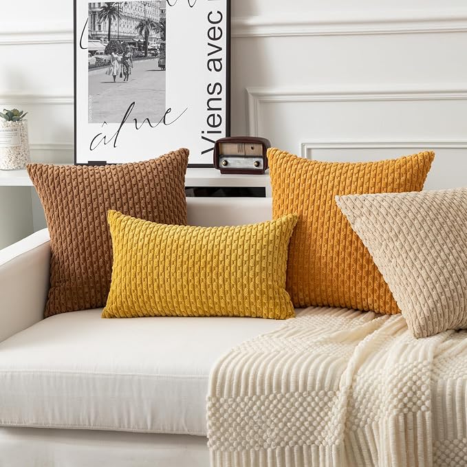 Kevin Textile Soft Corduroy 14"x24" Pillow Cover 1 Pack, Mustard Yellow | Boho Stripe Plush Corduroy Decorative Oblong Cushion Cover Modern Farmhouse Home Decor for Sofa Couch Bed Chair
