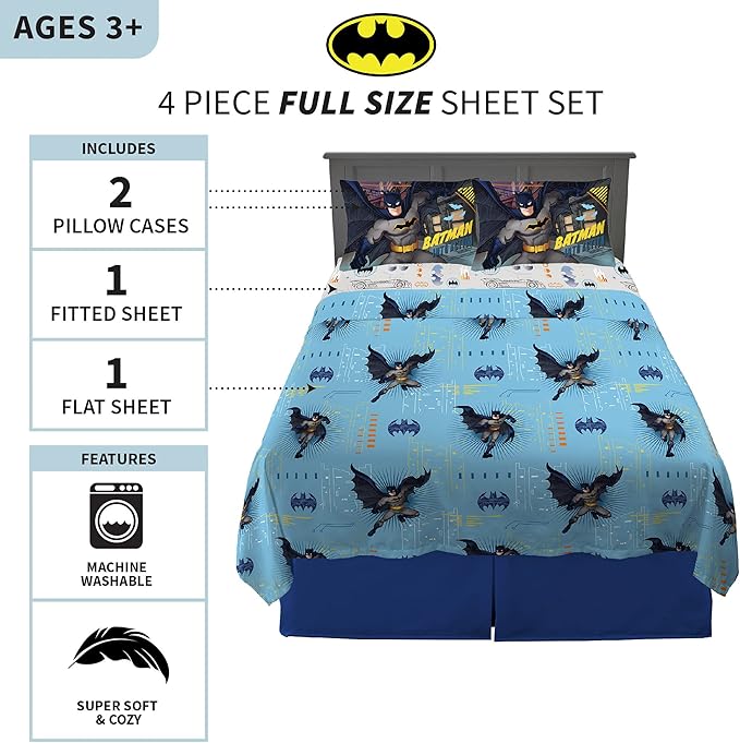 Franco Kids Bedding Super Soft Microfiber Sheet Set, Full, Batman