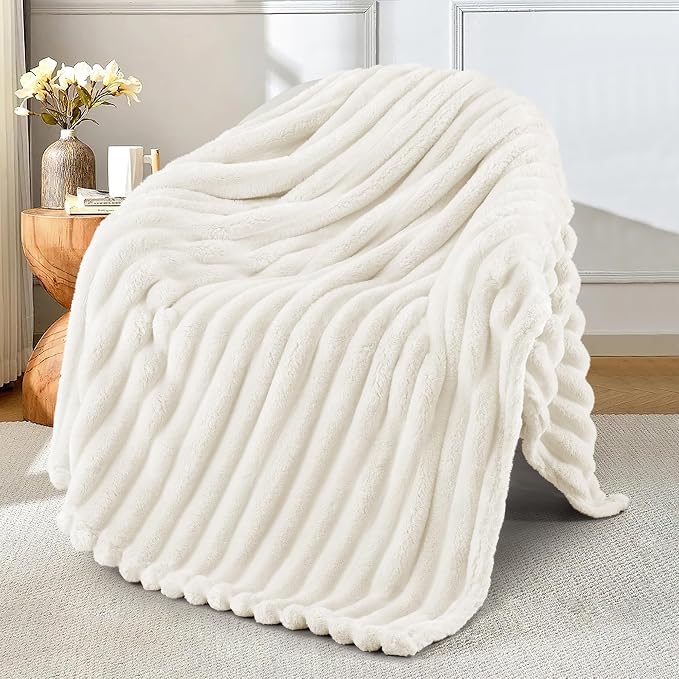 Exclusivo Mezcla Striped Fleece Throw Blanket for Couch, Sofa, Bed, 50"x60" | Soft Breathable Cozy Bed Blankets, Lightweight Plush Fluffy Fuzzy Jacquard Decorative Blankets