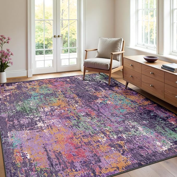RELEANY Washable Square 8'x8' Area Rug for Living Room Purple Multi | carpet for bedroom, kitchen, office, hallway and entryway, printed pattern, non-slip, soft, stain-resistant, easy to clean