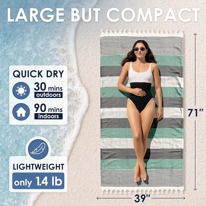 ATANI Turkish Beach Towel (71x39 Inches), Converts to a Bag, Oversized 100% Cotton Bath Towels Lightweight Quick-Dry Beach Blanket for Travel, Picnic, Camping, Yoga and Pool (Green x Black)