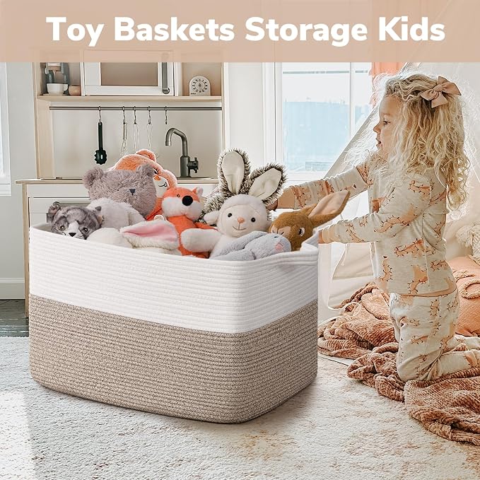 Goodpick 75L Extra Large Woven Blanket Basket, 22" x 17" x 12", Light Brown | Decorative Storage Basket for Blankets, Pillows & Toys, Cotton Rope Basket for Living Room & Bedroom, Stylish Home Decor
