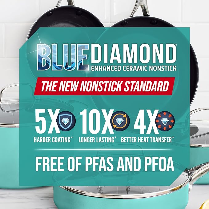 Blue Diamond 8" Diamond Infused Ceramic Nonstick Frying Pan, Turquoise | PFAS-Free Ceramic Nonstick Skillet, Dishwasher & Oven Safe, Stay Cool Handle, Durable Metal Utensil Safe, Egg & Omelet Pan