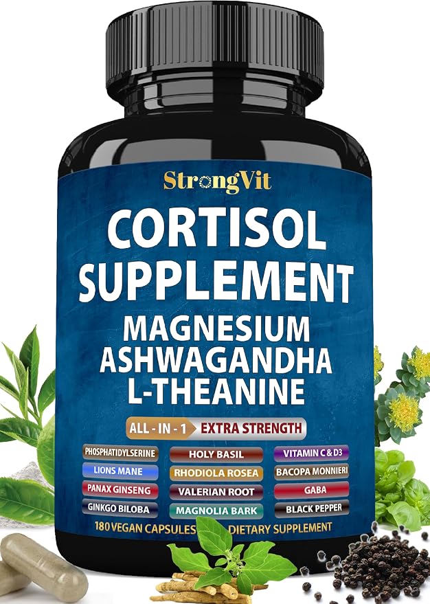 StrongVit Cortisol Supplements for Women and Men with Magnesium, Ashwagandha & L-Theanine. High Cortisol Reducer, Manager, Detox, Lower and Control. Sleep Support & Stress Relief, USA (180 Capsules)