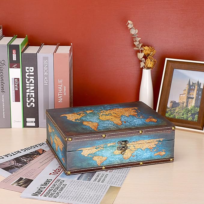 ELLDOO Decorative Treasure Chest Box, Wooden + PU Leather Storage Box for Jewelry Trinkets Photos, Rectangular Keepsakes box for Girls Women Gifts, Green Map Pattern