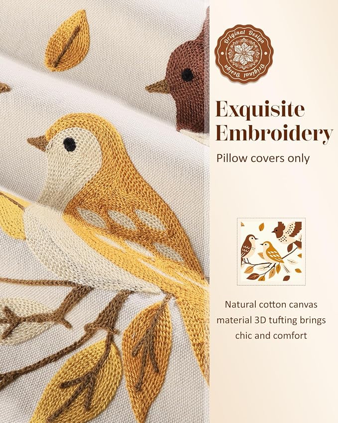 Fall Embroidered Throw Pillow Cover 18x18 Inch, Bird Leaves | Decorative Pillow Cover, Farmhouse Cushion Cases with Hidden Zipper, Autumn Decor for Couch, Sofa, Bed, Living Room