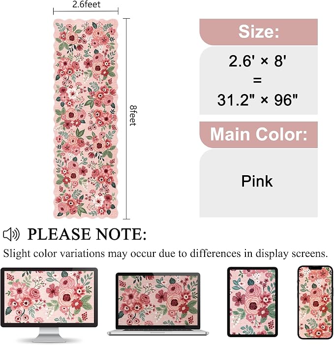 DUKINO 2.6x8 Runner Rug, Floral Washable Kitchen Rugs Non Slip, Pink | Low Pile, Stain Resistant, Soft Throw Carpet Runner for Hallway, Entryway, Bedroom, Bathroom, Pet Friendly, Modern Home Decor