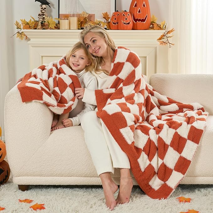Snuggle Sac Orange Throw Blanket for Fall,Soft Fall Checkered Blanket for Couch, Cozy Faux Fur Knit Microfiber Blankets for Sofa, Bed, Orange Checker,50x60 inches