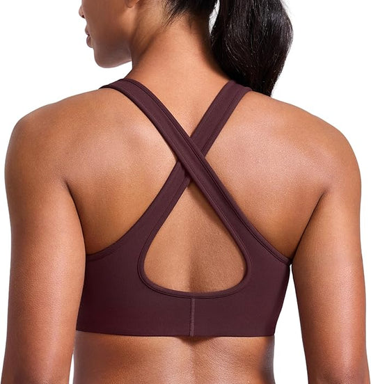 CRZ YOGA Butterlift Deep V Neck Sports Bras for Women - Padded Gym Wide Straps Cut-Out Cross Back Crop Pilates Workout Top