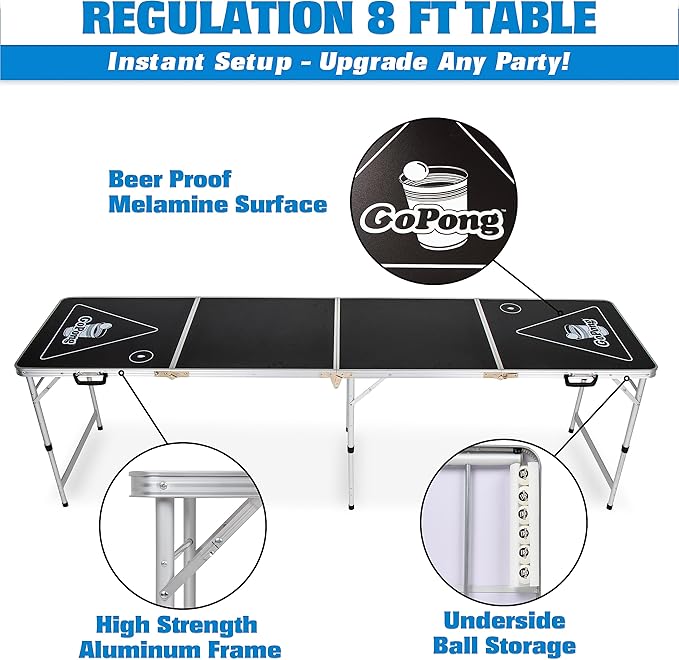 GoPong 8 Foot Portable Beer Pong/Tailgate Tables (Black, Football, American Flag, or Custom Dry Erase)